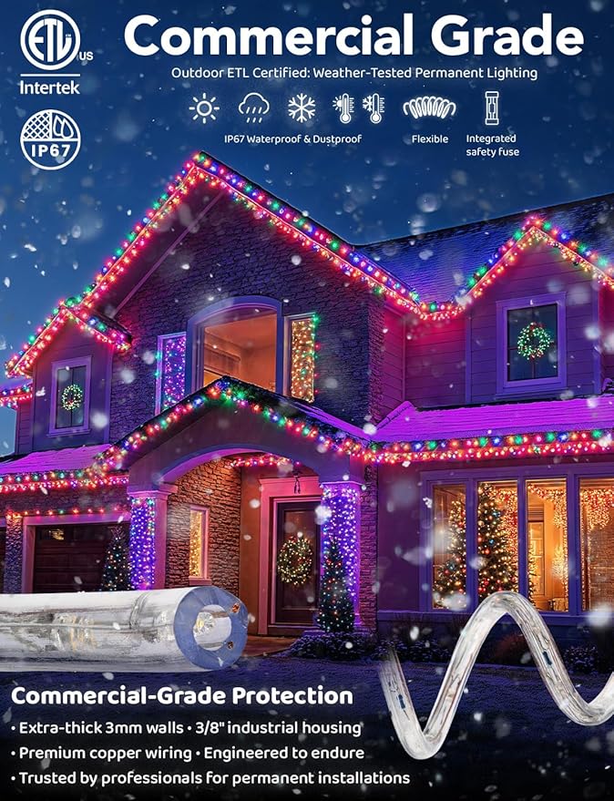 WYZworks 108LEDs, 10ft LED Outside Rope Lights, Waterproof Permanent Outdoor ETL Certified Connectable Clear Tube, Christmas Palm Tree Holiday Decorative Landscape Patio Accent Lighting - Colorful