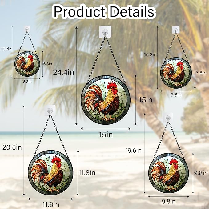Stained Glass Window Hanging - Rooster Suncatcher for Doors Garden Patio Retro Colored Chicken Sun Catchers Decor Christmas Mother's Day Birthday Gifts for Women Men Mom Nana Friend 11.8 in