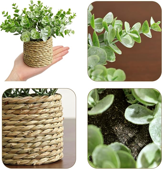 Small Fake Potted Plants: 7 Inches Artificial Plants with Seagrass Handwoven Planters, Indoor Farmhouse Decorations, Eucalyptus Plant for Home Bathroom Office Shelf Tabletop Desk Room Decor or Gift