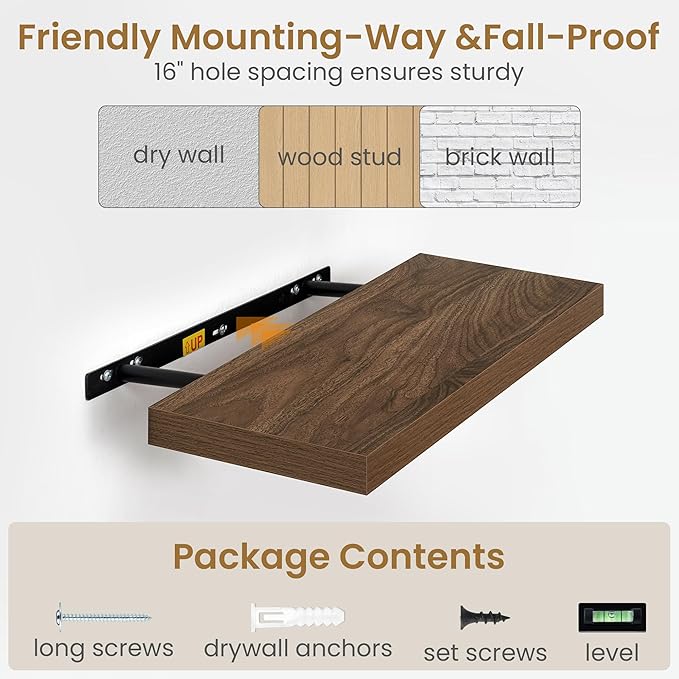 36 Inch Long Floating Shelves for Wall, 9.3 Inch Deep Floating Shelf with Heavy-Duty Bracket, 2 Pack Long Shelves for Bathroom, Living Room, Bedroom, Wall Mounted Storage Shelf for Books Decor, Walnut