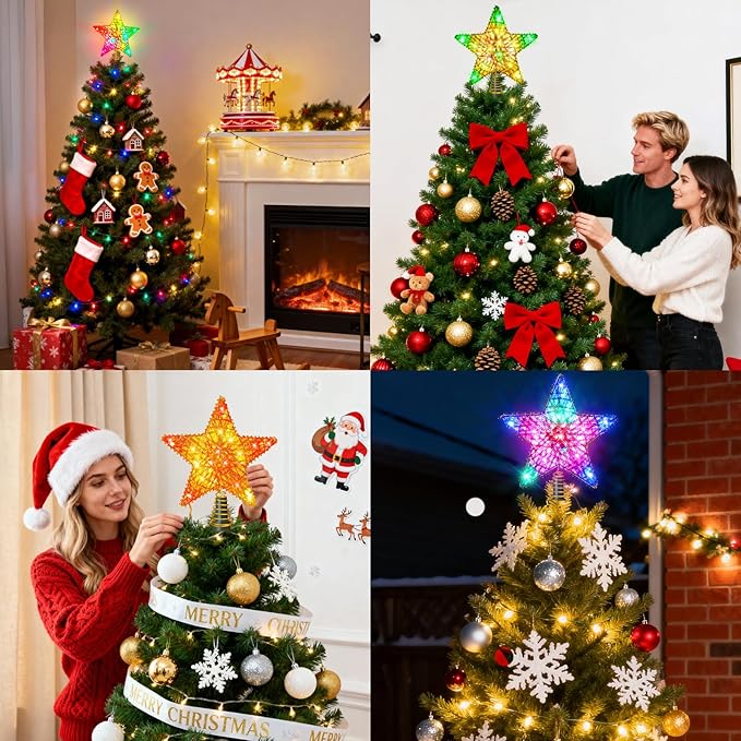 Christmas Tree Star Topper, LED Tree Decorations, UL Certified Colorful Star Tree Topper Lights for Home Garden USB Plug in Xmas Tree New Year Holiday, APP and Remote Control, DIY Dimmer(Gold)