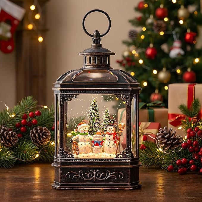 Christmas Snow Globe Lantern Water Glittering Snowman Family with Music & Timer, USB Lined/Battery Operated Lighted Lantern for Christmas Festival Decoration Gifts