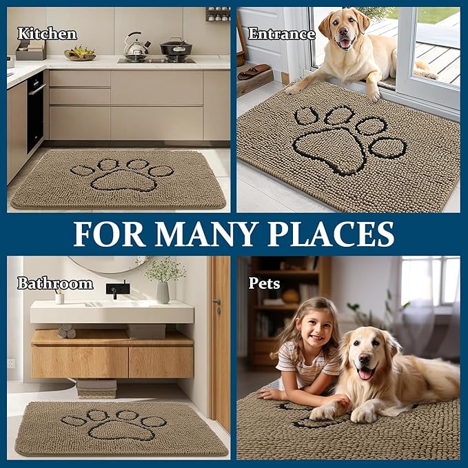 OLANLY Dog Door Mat for Muddy Paws 40x32, Paw Print Design, Absorbs Moisture and Dirt, Absorbent Non-Slip Washable Doormat, Quick Dry Chenille Mud Mat for Dogs, Entry Indoor Entryway Carpet, Tan