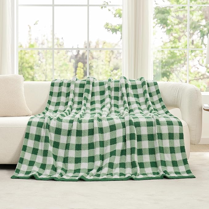 Snuggle Sac Buffalo Plaid Bedding Blanket Twin Size, Super Soft, Cozy Warm Knit Decorative Blankets, Reversible Plaid Fluffy Throws for Bed, Plaid Green, 60x80 Inches