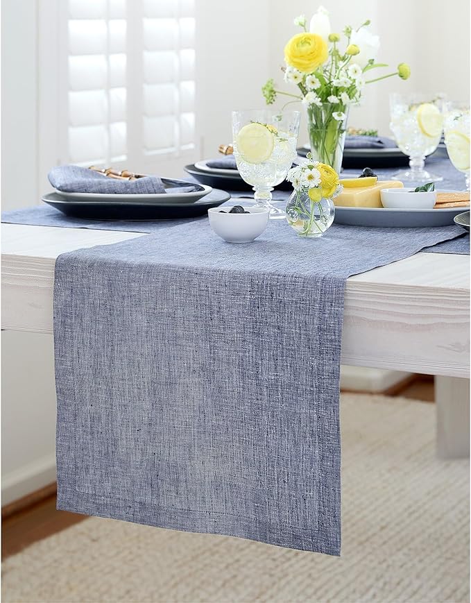 Solino Home Linen Chambray Indigo Table Runner 132 Inches Long - Athena, 100% Pure Linen Dining Table Runner 14 x 132 Inch for Spring, Easter