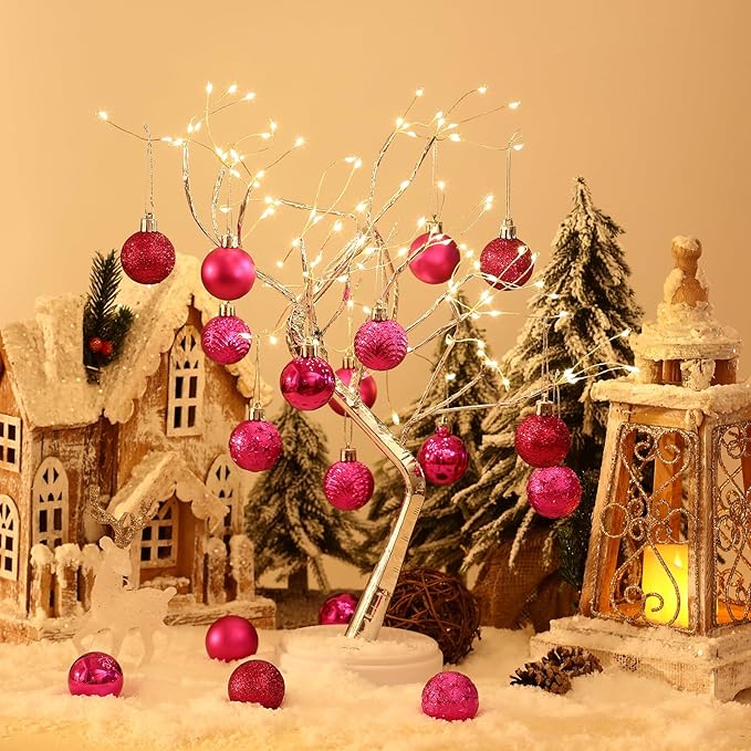 34ct Fuchsia Pink Mini Christmas Ball Ornaments Shatterproof Plastic Christmas Tree Decorations for Xmas Party Home Office Holiday Decor -Small Size (1.57"/ 40mm)