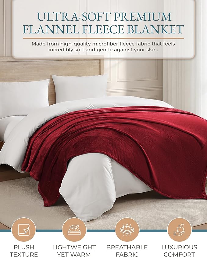 Casa Platino Queen Blanket – Soft Fleece Throw Blanket 90x90 – Lightweight Flannel for Bed or Sofa – Warm, Breathable & Durable – Dark Red