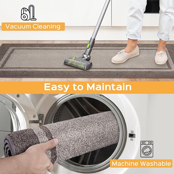 Kitchen Rugs Set (24" x 36"+24" x 60"), Non-Slip Machine Washable Kitchen Runner Rugs Floor Mats, Absorbent Comfort Standing Mats for Kitchen, Sink and Hallway, Rolled Packaging, Beige & Grayish Brown
