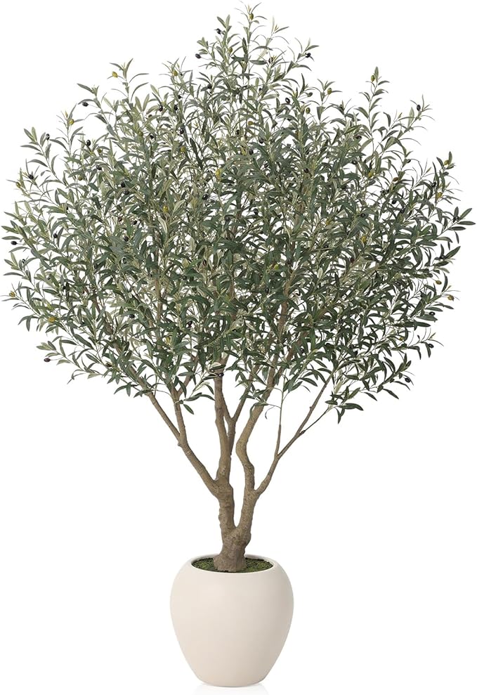 Artificial Olive Tree 8FT Faux Plant Home Decor - Large White Pot with Lifelike Silk Leaves, UV Resistant & No Maintenance - Indoor Outdoor Fake Tree for Modern Office Living Room,VN206