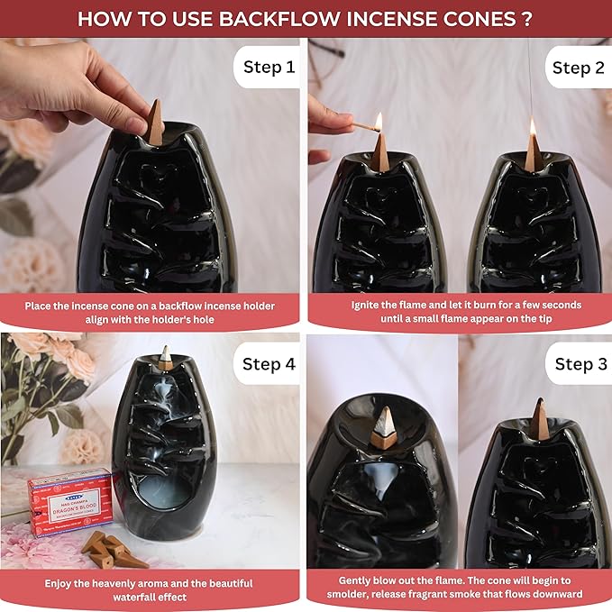 Dragon's Blood Backflow Incense Cones for Waterfall Aromatic Smoke Fountain Haze Falls and Mat Bundle - Pack of 6