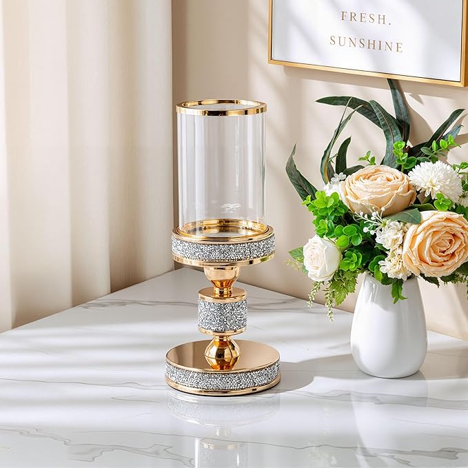 Pillar Candle Holder with Glass Wind Proof, Metal Hurricane Holders, Gold Crystal Candle Stand for Table Centerpieces, Home Decor, Wedding, Dining Table (S, 1PC, for Pillar Candles up to 3"x5")
