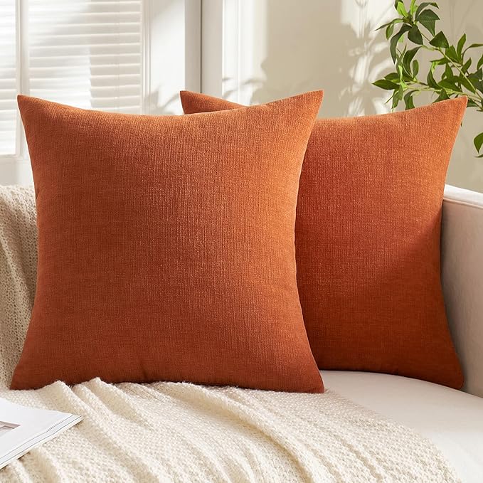MIULEE Burnt Orange Couch Pillow Covers 18x18 Inch, Set of 2 Soft Chenille Decorative Square Throw Pillow Covers Farmhouse for Sofa Living Room Bed