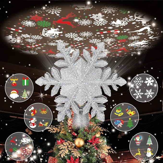 Christmas Tree Topper Lighted with 6 Projected Patterns, Christmas Star Tree Topper Built-in LED Rotating Lights, 3D Glitter Projector for Party Holiday Xmas Decorations Gifts (Snowflake)
