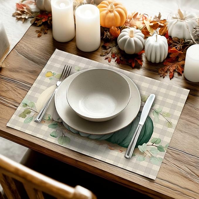 Double Side Set of 4 Buffalo Plaid Pumpkins Eucalyptus Leaves Fall Placemats Seasonal Maple Leaves Table Mats for Indoor Outdoor Home Party Dining Decor Burlap Table Mats 12x18 Inch #WP015