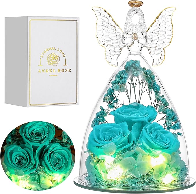 Christmas Rose Gifts for Women Preserved Real Flower in Glass Angel Figurines Roses for Delivery Prime Birthday Gifts for Mom Grandma Girlfriend Wife Her - Tify Blue