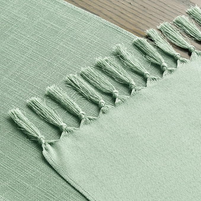 Artoid Mode Sage Green Tassel Table Runner, Spring Linen Blend Rustic Farmhouse Style Kitchen Table Decoration Holiday Wedding Party Dinning Decor 13x48 Inch