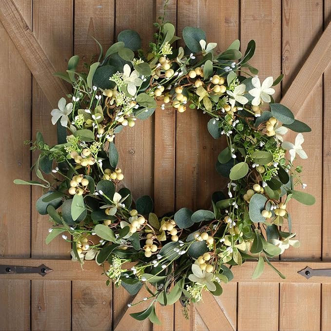 Bibelot 22Inch Artificial Eucalyptus Berry Wreath Green Leaf Eucalyptus Wreaths Spring Summer Wreath for Front Door Window Hanging Wall Party Decorations (22in)