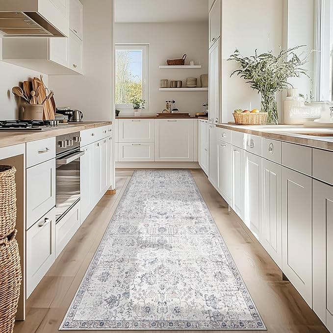 jinchan Runner Rug 3x7 Washable Hallway Rug Vintage Indoor Thin Retro Floor Cover Distressed Gray Floral Country Lightweight Non Slip Carpet for Entryway Bathroom Kitchen Bedroom Living Room Grey