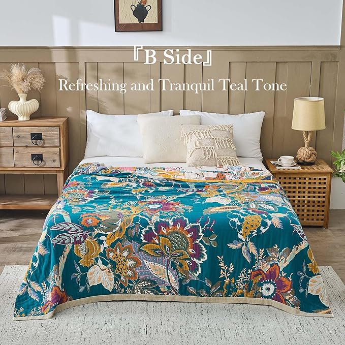 Farmhouse Throw Blanket, 50"x 60" Boho Throw Blankets for Couch Cover, 100% Cotton Bohemian Vintage Quilt for All Seasons Reversible Florals Lightweight Picnic Blankets Home Decoration
