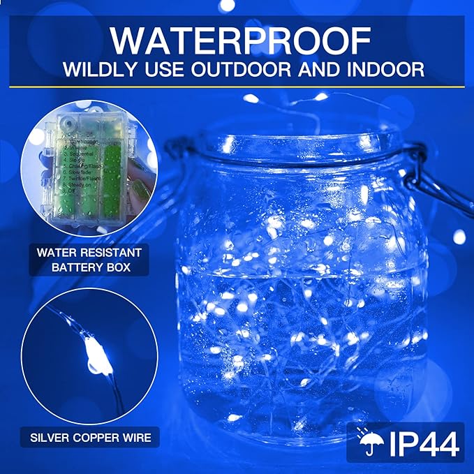 suddus 33ft 100 LED Outdoor String Lights, Blue Fairy Lights Battery Operated with Remote, Led Twinkle Lights for Bedroom, Backyard, Wedding, Tree, Mason Jar, Wall, Centerpiece, Christmas