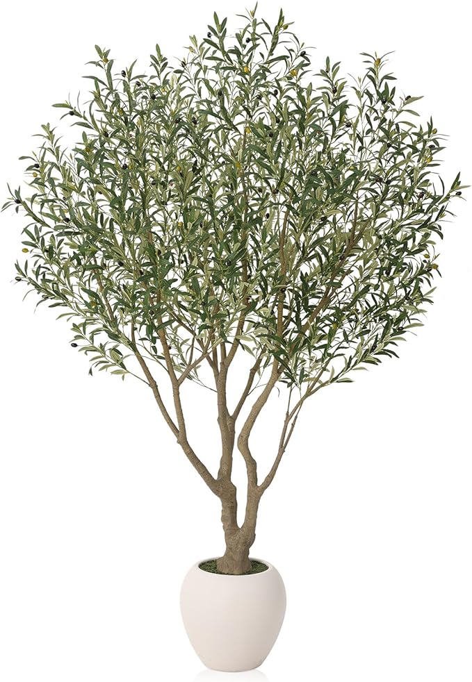 Olive Trees Artificial Indoor, 8FT Tall Faux Olive Tree with Round White Planter, UV Resistant Outdoor Large Fake Olive Plants for Modern Home Decor Living Room Office