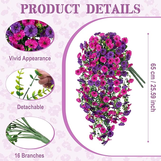 Artificial Hanging Flowers for Outdoor, 2pcs Fake Plants Long Vine Morning Glory Eucalyptus, UV Resistant Realistic Faux Greenery Indoor Outside Patio Porch Garden Spring Summer Decor, Purple