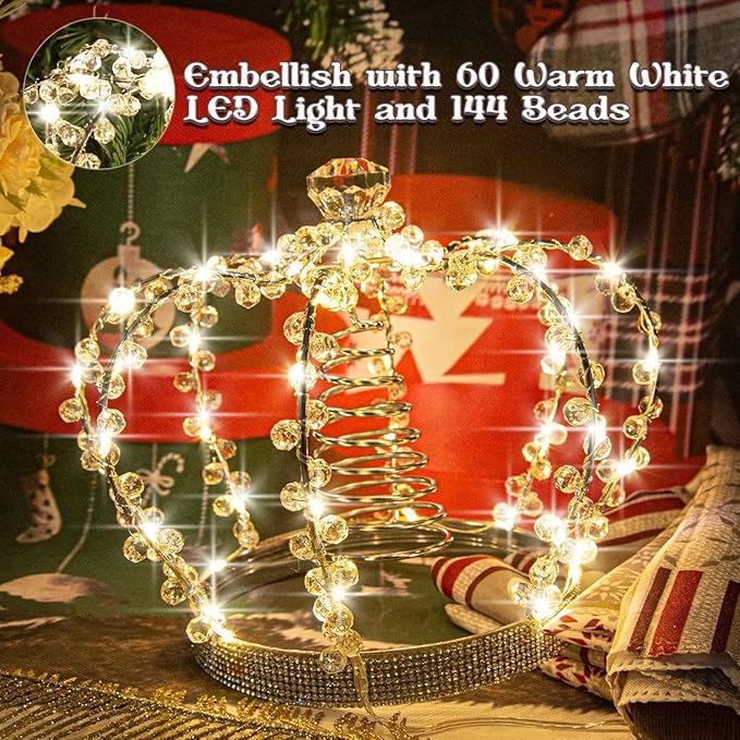 LAWOHO Christmas Tree Topper Star, Jeweled Crown with 60 Warm White LED USB Lighted Tree Topper, Xmas Tree Decor with Remote Control 8 Lighting Mode, Timer, Dimmer for Christmas Tree Ornament（Silver）