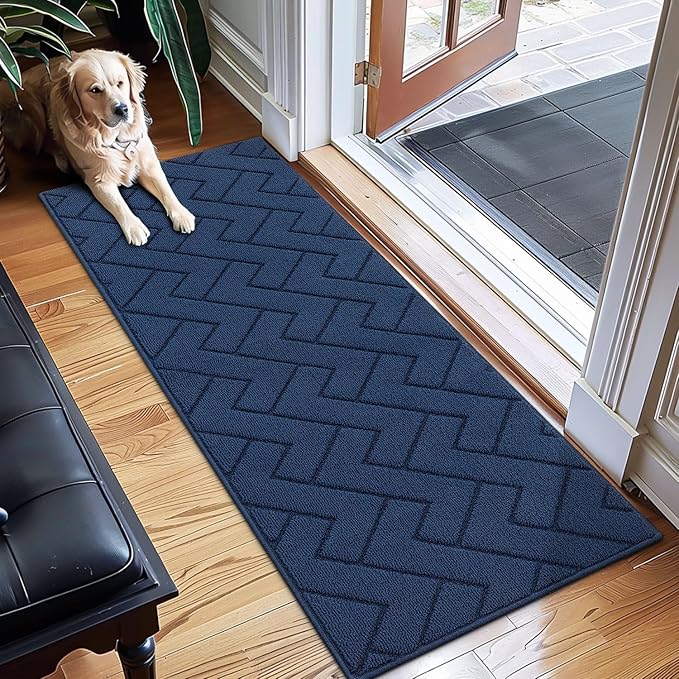 hicorfe Dirt Trapper Indoor Doormat,20"x59" Welcome Door mat,Non Slip Backing Washable Door Mats,Absorbent and Resistant Low-Profile Entrance Inside Floor Mat for Front Back Door,Entryway (Navy Blue)