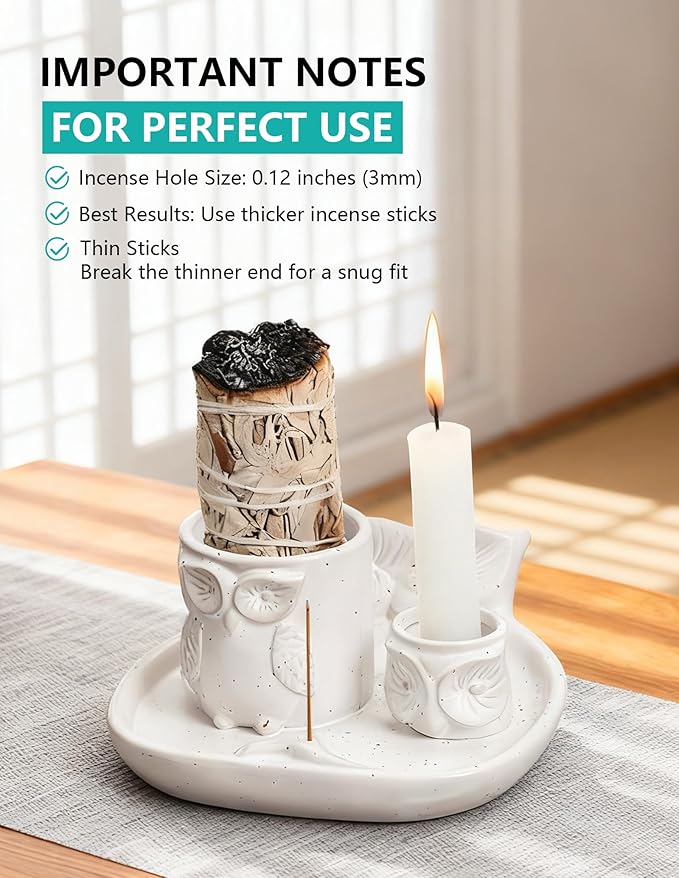 Comeon Palo Santo Holder, 4 in 1 Ceramic Owl Backflow Incense Burner Holder Candle Holder Sage Holder for Burning Bowl, Incense Holder for Sticks for Meditation Yoga Room(White)
