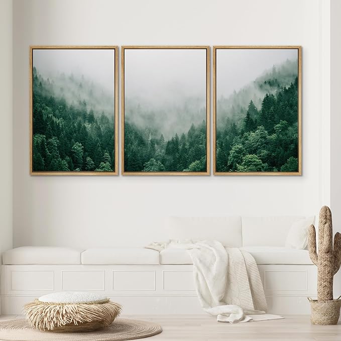 SIGNWIN Framed Canvas Print Wall Art Set Fog & Mist Mountain Forest Valley Nature Wilderness Photography Modern Art Landscape Relax/Calm for Living Room, Bedroom, Office - 16"x24"x3 Natural