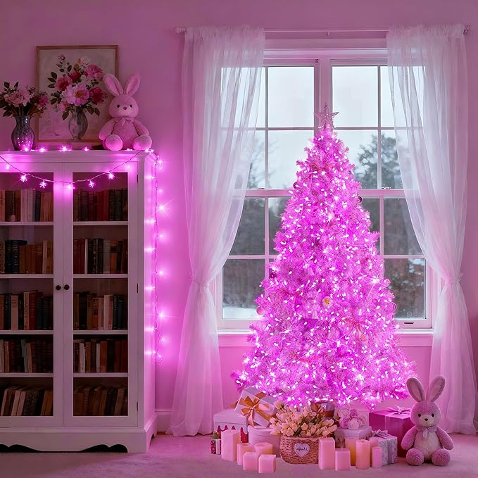JMEXSUSS 500 LED Pink Christmas Lights, 8 Modes 163ft Waterproof Pink Room Lights Outdoor Plug in with Remote Control, Clear Wire String Light for Tree Outside Yard Wedding