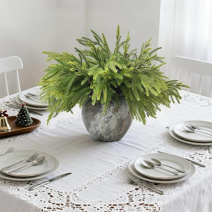 12 PCS Real Touch Christmas Norfolk Pine Stems Branches with 5PCS Pinecones, Soft Bendable Droopy Artificial Faux Pine Stems Picks Lifelike Greenery Stems for Vase Garland Wreath Table Home Decor