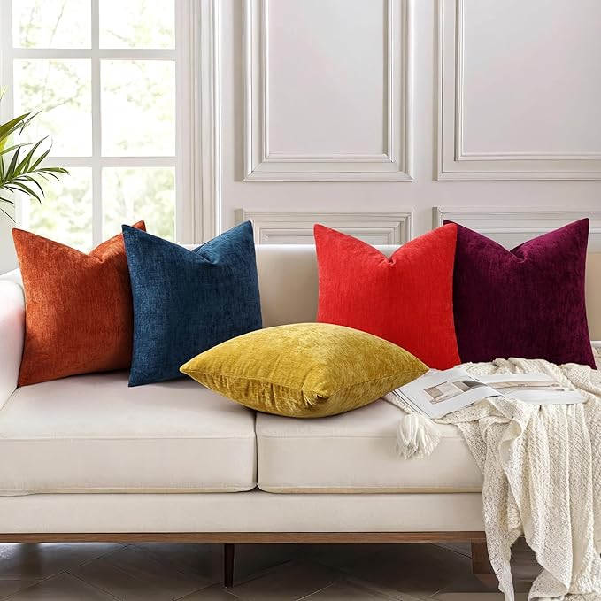 decorUhome Chenille Burgundy Christmas Throw Pillow Covers 18x18 Inch Set of 2, Decorative Soft Couch Pillow Covers Solid Dyed Accent Farmhouse Neutral Square Pillow Cases for Sofa