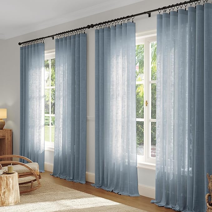 Anmao Natural Linen Curtains for Living Room 90 Inch Length 2 Panels Set, Light Filtering Semi Sheer Window Curtain Drapes for Bedroom with Curtain Rings and Clips, 52 Inch Wide Each Panel, Haze Blue
