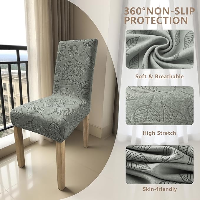 Dining Chair Covers,Dining Room Chair Covers Set of 6,Printed Chair Slipcover, Soft Removable Washable,Pet Friendly Furniture Protector Seat Cover,Universal Fit for Hotel,Banquet（Dark Gray Leaf）