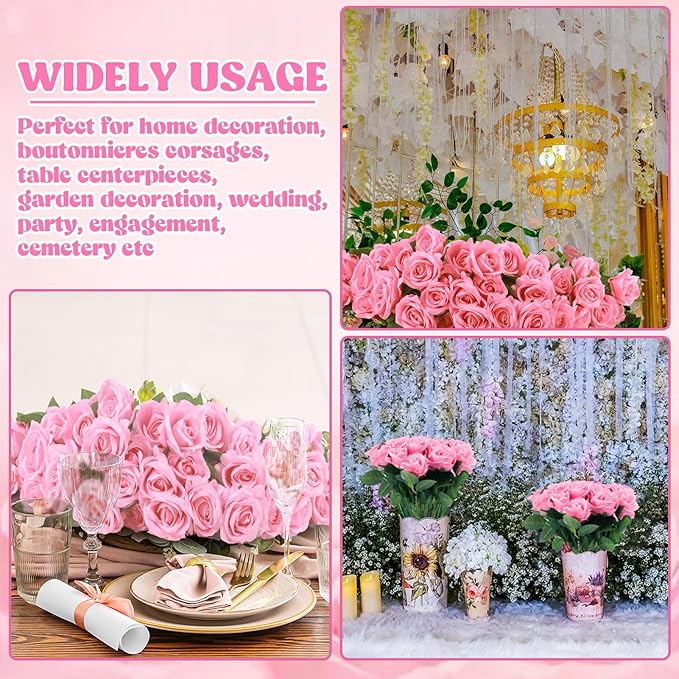 36 Pcs Silk Pink Roses Bouquet Bridal Artificial Flowers Mothers Day,Fake Rose Long Stem Realistic Artificial Flowers Bulk for Wedding Bouquet Ball Arrangement Centerpiece Party Decor