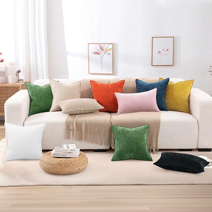 decorUhome Christmas Couch Throw Pillow Covers 16x16 Set of 2, Decorative Soft Euro Velvet Neutral Chenille Pillow Covers with Elegant Design for Sofa Bed Living Room Home Decor, Beige