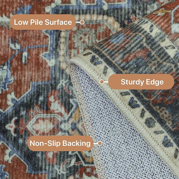 GENIMO 10x12 Area Rugs for Living Room, Machine Washable Non Slip Vintage Rugs, Low Pile Lightweight Chenille Print Rug for Bedroom, Dining Room, Home Office,Bordeaux