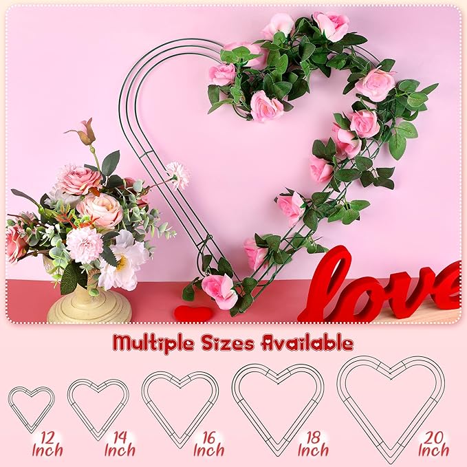 Aodaer 4 Pack 18 Inch Heart Wire Wreaths Frame Heart Metal Wreath Garland Green Wire Flower Wreath for Valentine's Day, Wedding Party, Home Ceremony Decoration
