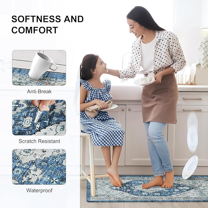 Collive Boho Kitchen Floor Mats, Cushioned Anti Fatigue Kitchen Runner Rugs, Comfort Non Slip Standing Mats for Floor, Laundry, Office, Sink, 17.3''x59'' Dark Blue