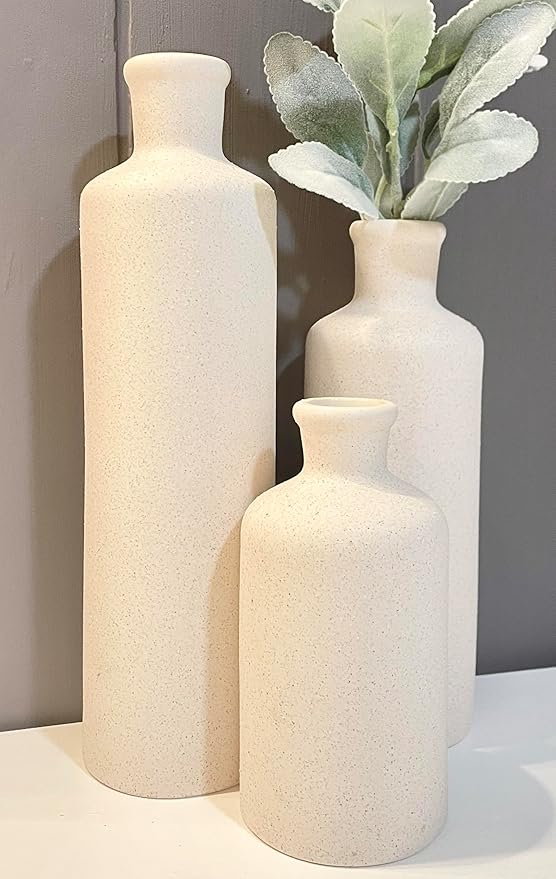 Tall Off-White Ceramic Vase Set of 3– Large Modern Farmhouse Decor Vases for Living Room, Coffee Table & Shelf Styling – Minimalist Neutral Decorative Flower Vases, Elegant Home Accent Gift