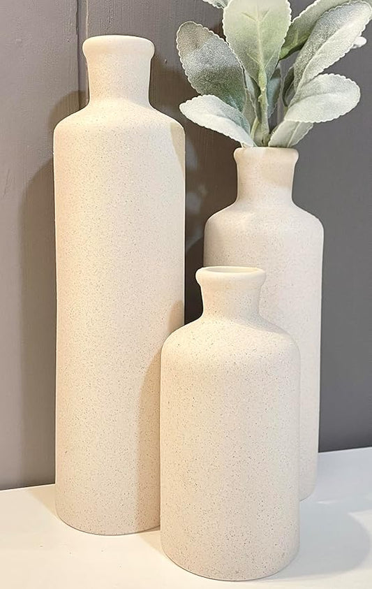 Tall Off-White Ceramic Vase Set of 3– Large Modern Farmhouse Decor Vases for Living Room, Coffee Table & Shelf Styling – Minimalist Neutral Decorative Flower Vases, Elegant Home Accent Gift