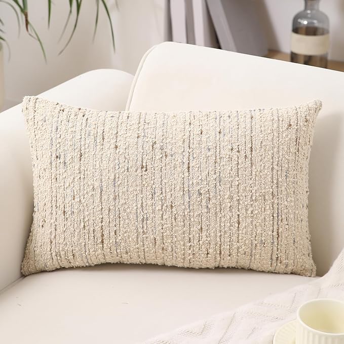 Textured Boucle Lumbar Pillow Covers 12x20 Neutral Striped Throw Pillows Soft Modern Farmhouse Pillow Cases, 1pc Decorative Accent Rectangle Couch Cushion Cover for Bed Sofa, Cream Brulee