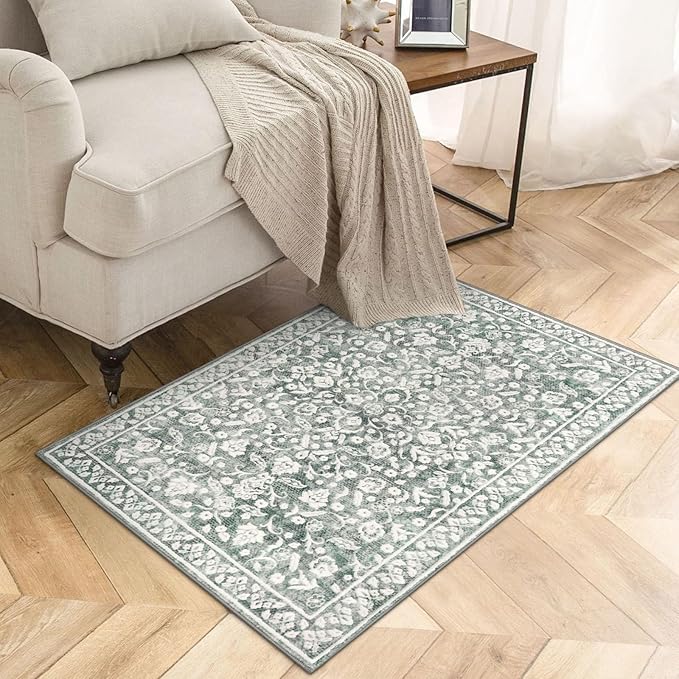 Vintage Washable Rug 2x3, Sage Green Grey Small Area Rugs for Entryway, Floral Super Soft Kitchen Rugs, Low-Pile Throw Rugs Indoor Door Mat Thin Print Faux Wool Carpet for Entrance, Office