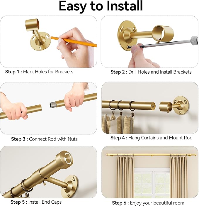YaFex 2 Pack Heavy Duty Curtain Rods 32-60 Inch, 1 Inch Adjustable Curtain Rod for Windows, Gold Short Window Treatment Rods Set with Aluminium Finials, Modern Design