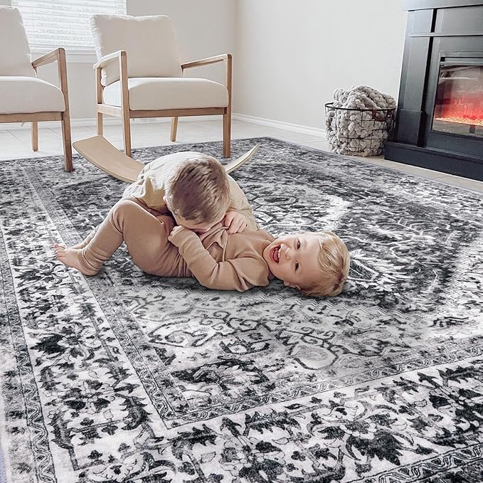 KOZYFLY Boho Area Rug 5x7 Ft Thin Rugs for Living Room Washable Bedroom Rug Non Slip Rugs for Living Room Printed Faux Wool Bedroom Rug Floor Carpet for Dining Room, Grey