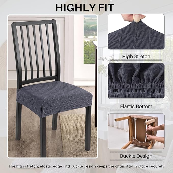 SearchI Stretch Dining Chair Seat Covers Set of 6, Soft Removable Washable Seat Covers for Dining Chairs, Dining Room Seat Cover Protector (Rear-Covered, Check Jacquard Grey)