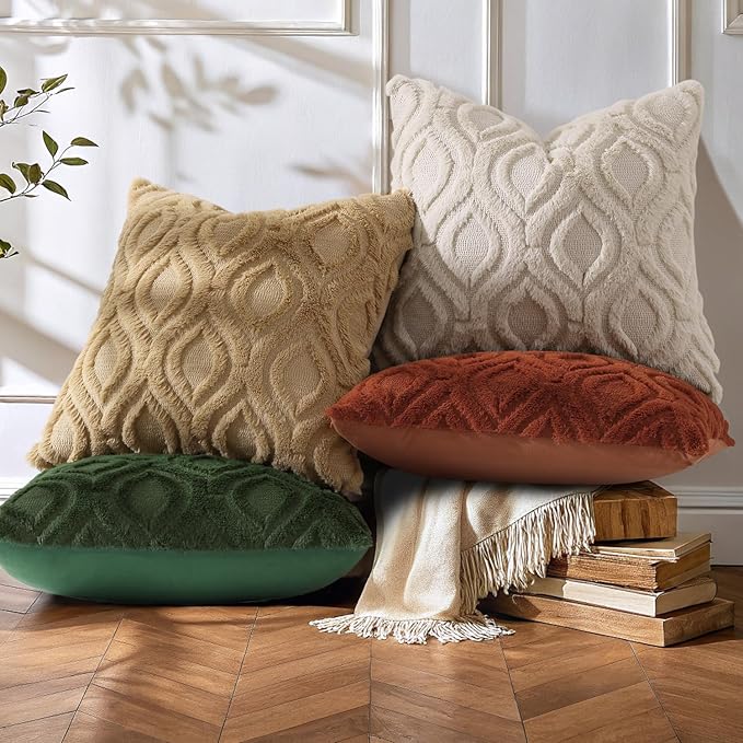 decorUhome Throw Pillow Covers 20x20 Inch Set of 2, Soft Plush Faux Wool Khaki Solid Couch Pillow Covers, Accent Farmhouse Neutral Square Pillow Cases for Sofa Bed Living Room