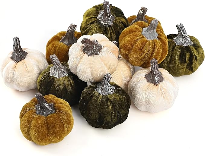 12pcs Fall Pumpkins Decor Set,Artificial Mini Pumpkins for Decorating, Velvet Mixed Fall Pumpkin Decor for Halloween Thanksgiving Harvest Table Centerpieces (Olive Green&Dark Green&Cream)