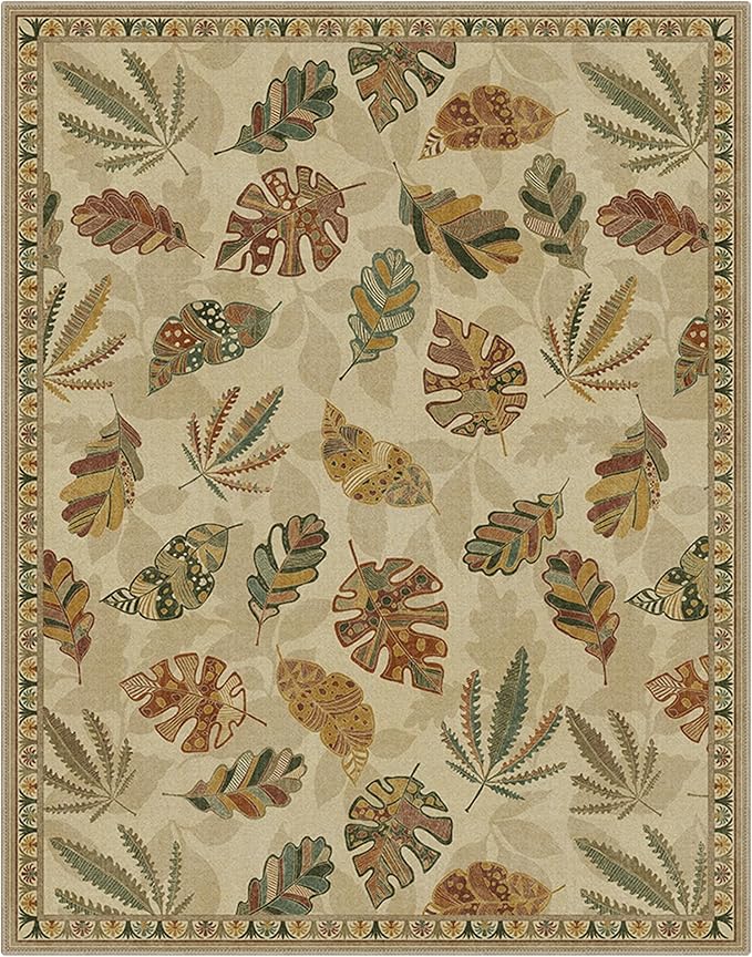 GENIMO 8x10 Area Rugs for Living Room, Machine Washable Non Slip Vintage Retro Rugs, Low Pile Soft Chenille Print Rug for Bedroom, Dining Room, Home Office, Leafy Daylight